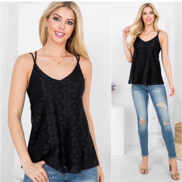 USA made black lace women’s v neck summer cute tank top blouse - Picture 2 of 3